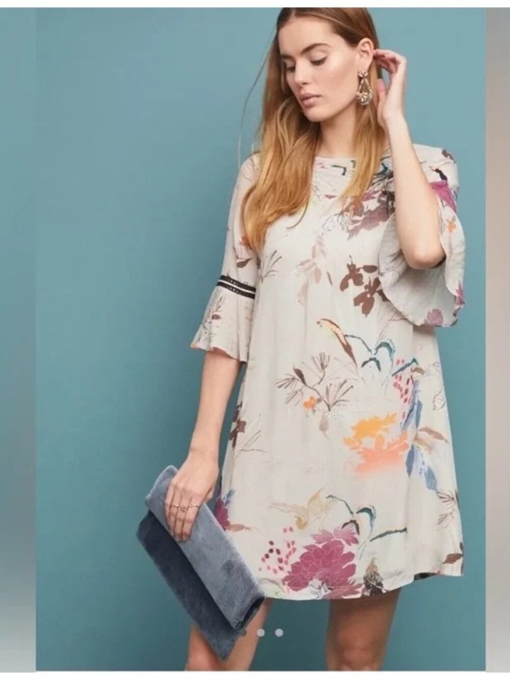 Vineet Bahl Beige Floral Flounce Sleeve Mini Dress